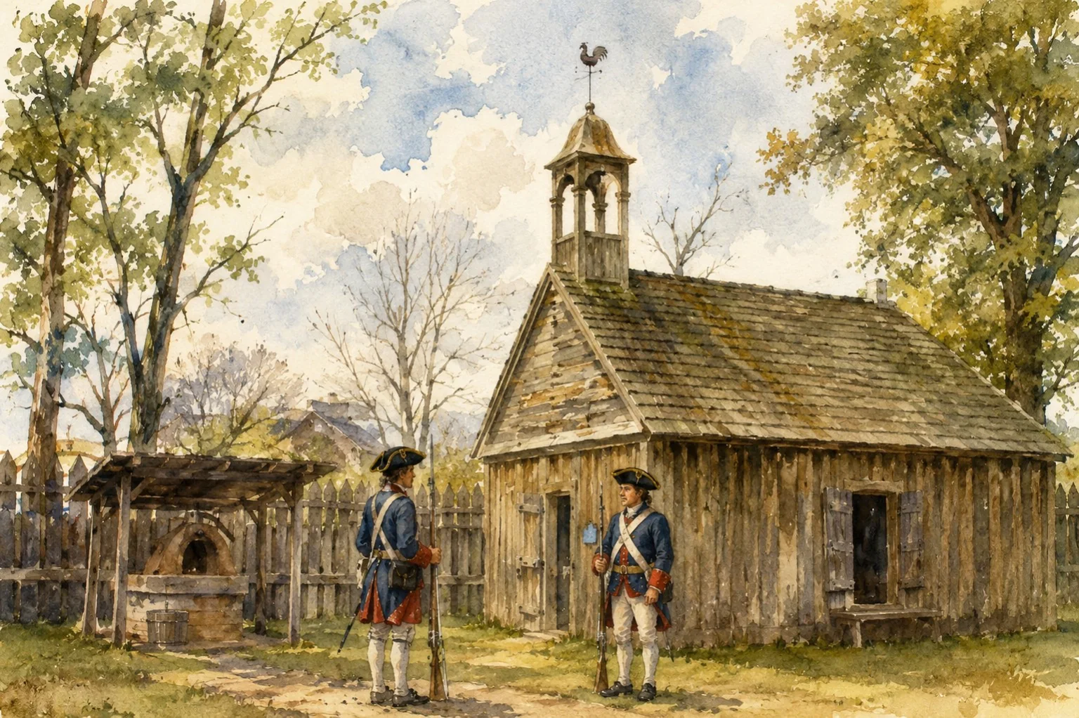 Watercolor of a historic Natchitoches fort building
