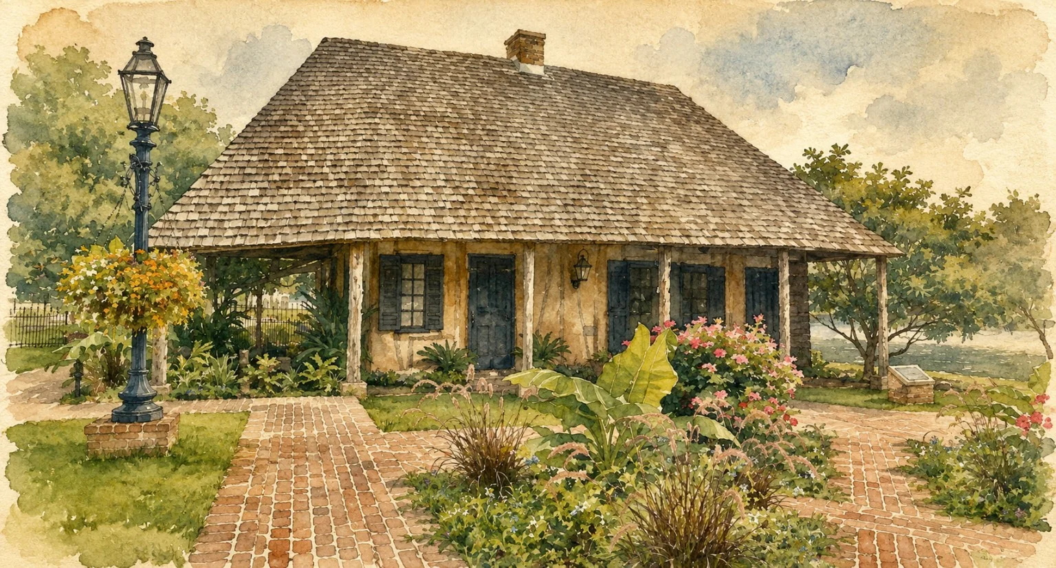 Watercolor of a historic Natchitoches house