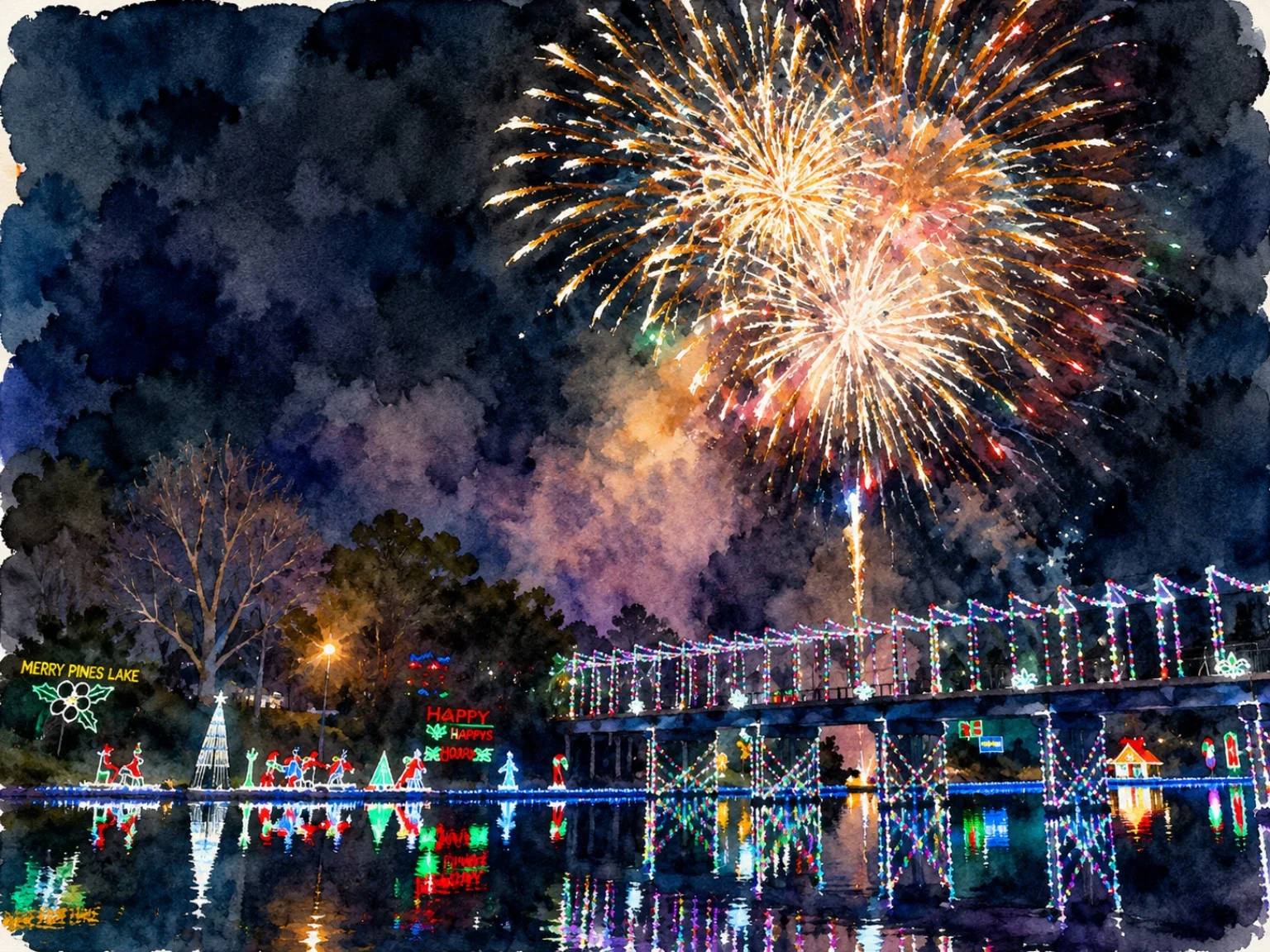 Watercolor of holiday fireworks over Natchitoches