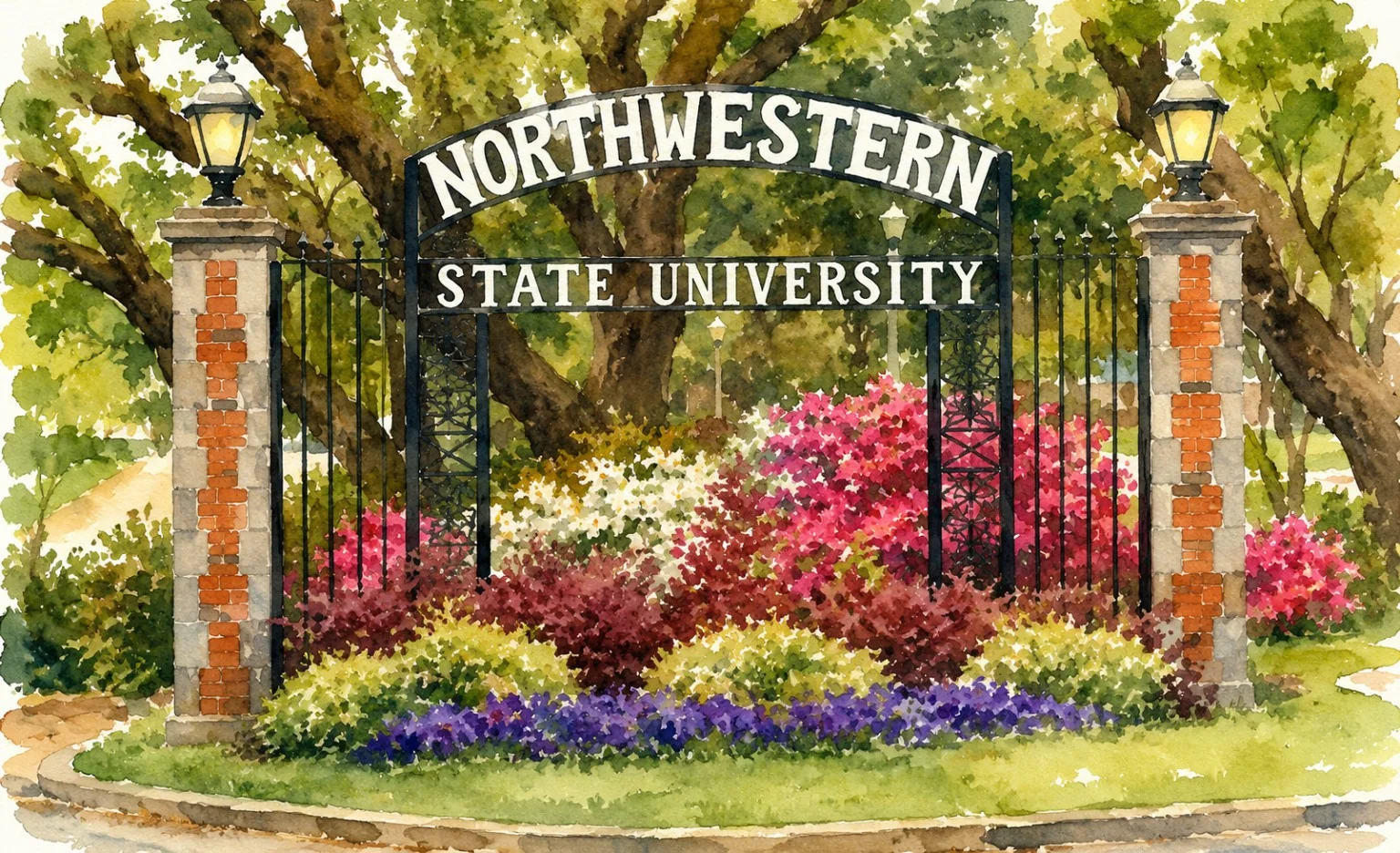 Watercolor of the Northwestern State University entrance