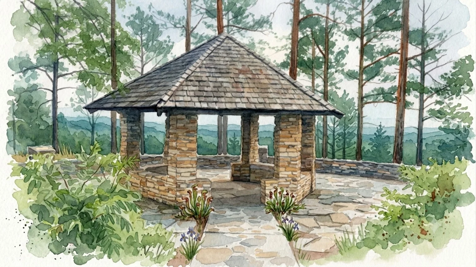 Watercolor of a stone pavilion surrounded by trees